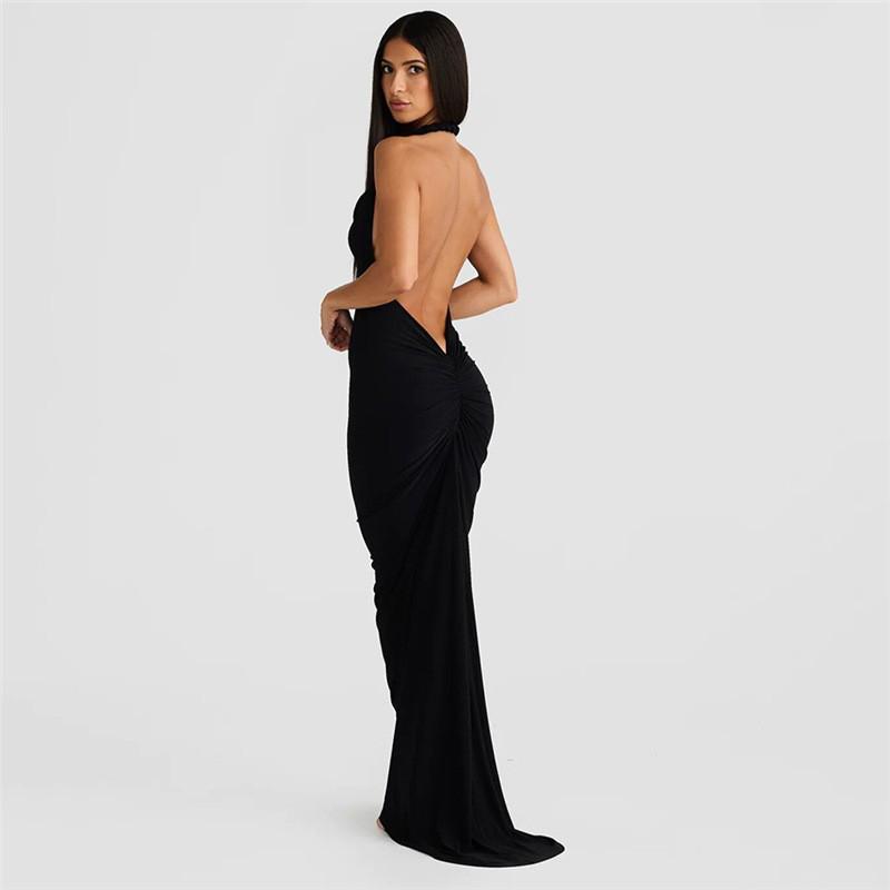 Rochie Maxi Bodycon Ruched Fără Spate cu Gât Legat, pentru Femei, Primăvară/Vară 2026, pentru Vacanță și Plajă.