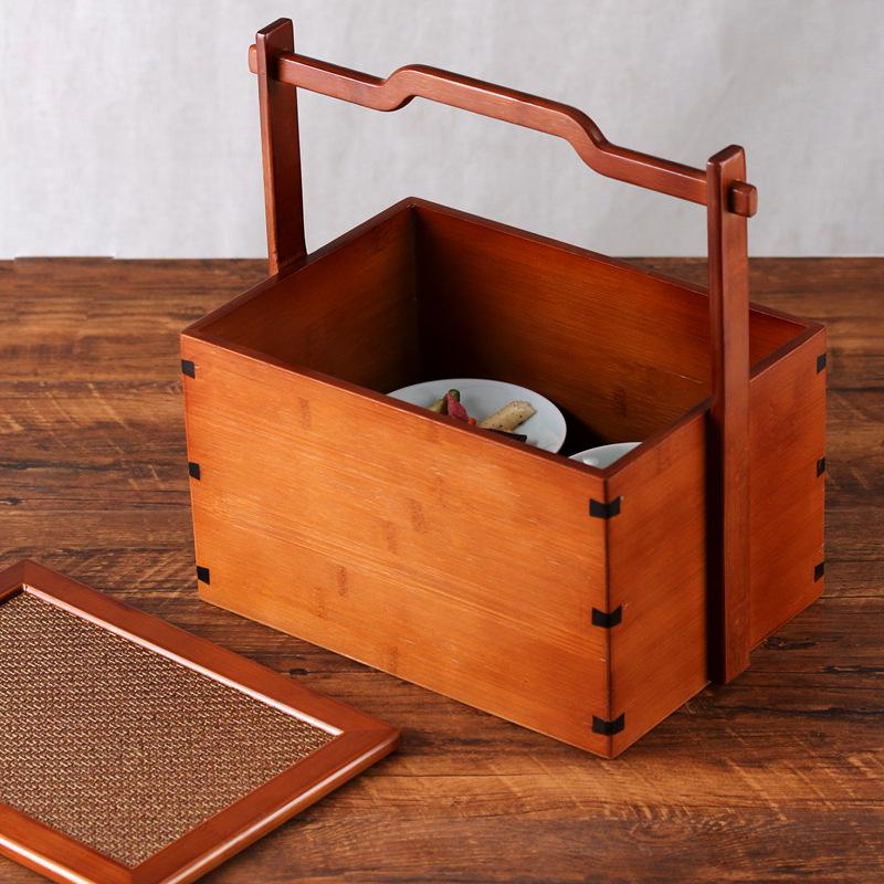 Retro Bamboo Woven Basket for Tea Set Storage | Bamboo Handle Food Container | Chinese Gongfu Tea Storage Box