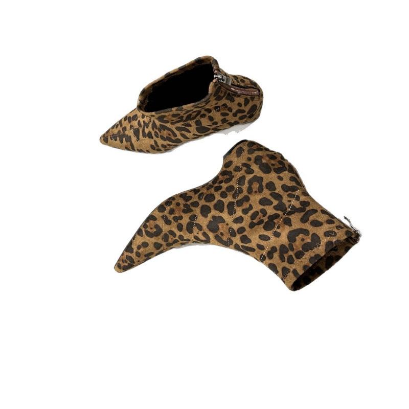 Mode Retro Leopardenmuster Kurze Stiefel Damenstiefel Herbst und Winter Neu Französische Dünne und Nackte Stiefel Dicker Absatz Kurze Stiefel Damenstiefel