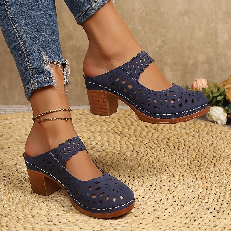 Women's Summer New Large Size Women's Sandals Retro Block Heel Slippers Large Size Cutout Wedge Sandals