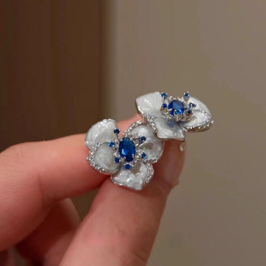 Cute Blue Flower Oil Drip Stud Earring for Women Girl Elegant Crystal Zircon Square Geometric Temperament Fashion Jewelry Gift