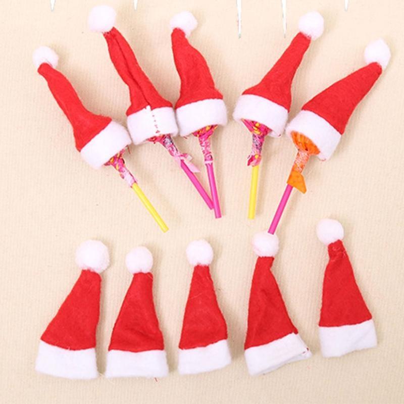 Christmas Lollipop Hat Mini Santa Elf Cap Candy Wine Bottle Cover for Xmas DIY Craft Dinner Table Decoration 10pcs