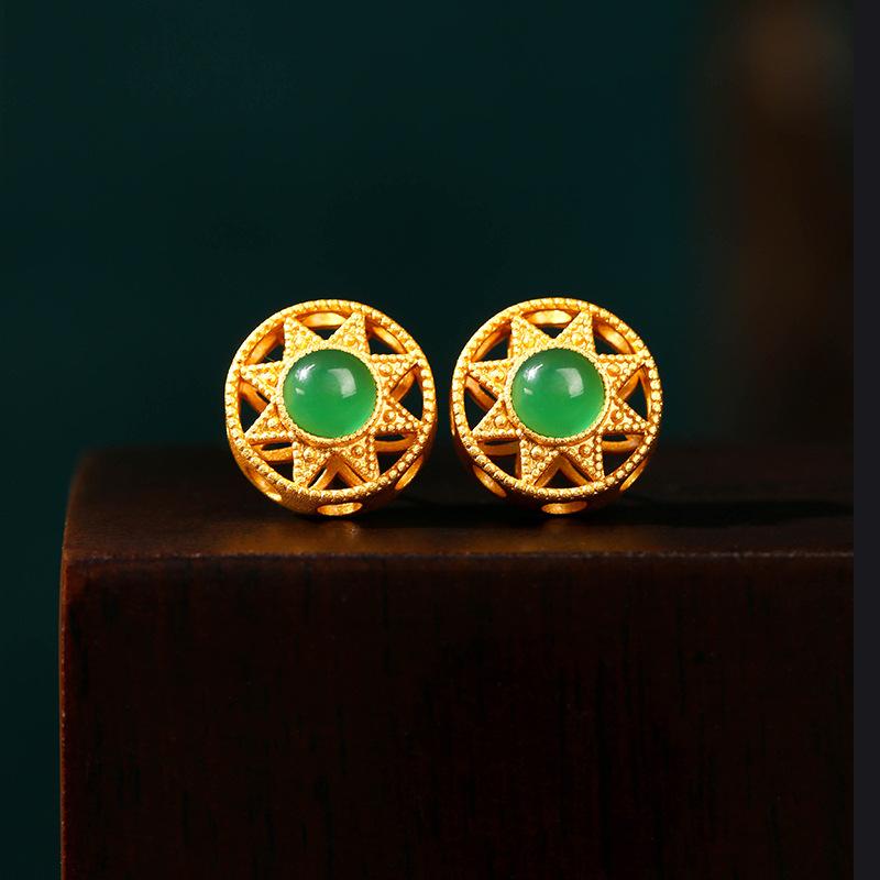 PANJBJ 925 Sterling Silver Hotan Jade Stud Earring for Women Girl Round Vintage Luxury Jewelry Banquet Gift Dropshipping
