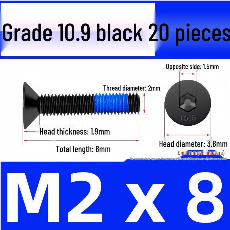 Black Anti-Slip Flat Cup Screw with Adhesive Blue Glue, Countersunk Hexagon Socket, Available in M2-M8 Sizes
