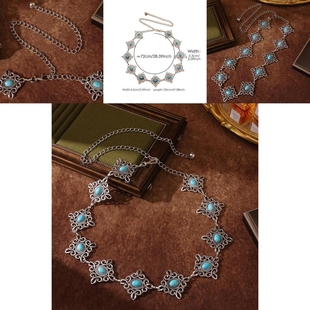 Chinese Knot Metal Waist Accessory With Carved Details And Turquoise For Dress Up