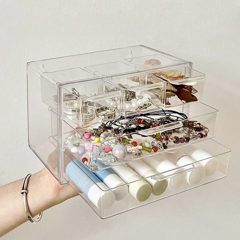 Clear Acrylic Jewelry Organizer Boxes Grids Dustproof Drawer Table Cosmetic Organizer Set Layers Makeup Powder Storage Rack Gift