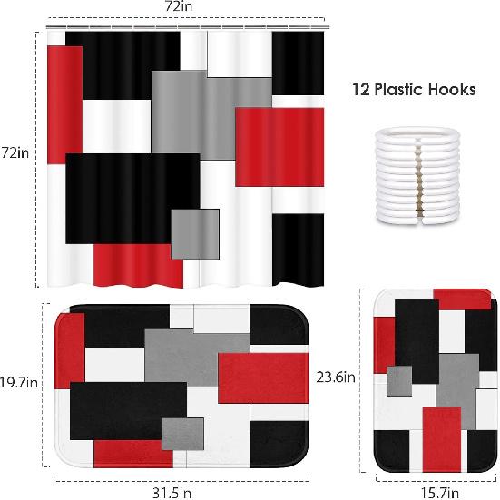 Red and Black Shower Curtain Set Geometric Bathroom Sets with Shower Curtain and Rugs, Grey and White Bathroom Shower Curtain Sets 3Pcs, Modern Red