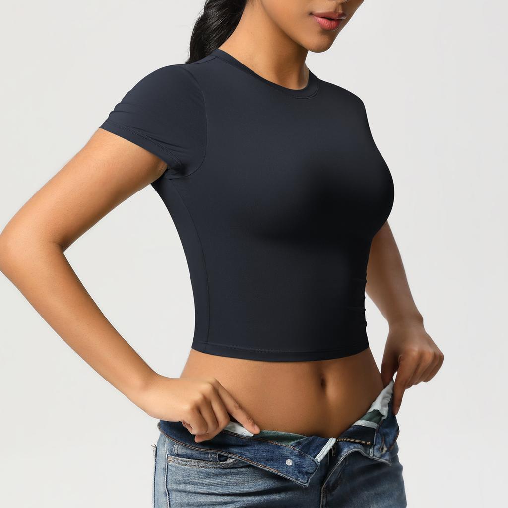 Double Sided Nylon Casual Tight Quick Drying Pilates Top Yoga Suit Short Sleeved Running Fitness T-shirt