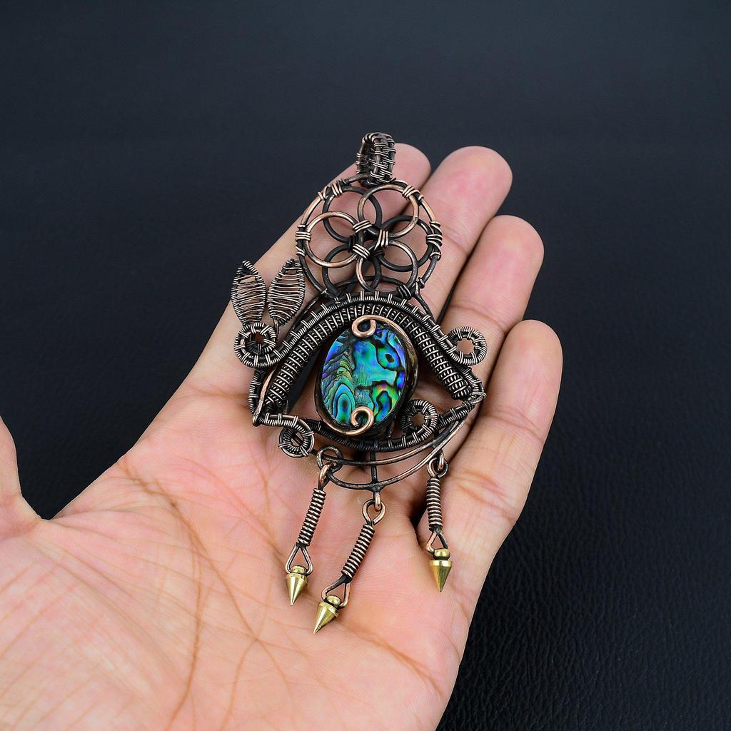 Abalone Shell 999 Copper Wire Wrapped Pendant, Handmade Gemstone Pendant Jewelry, Gifts For Wife Brand New Pendant