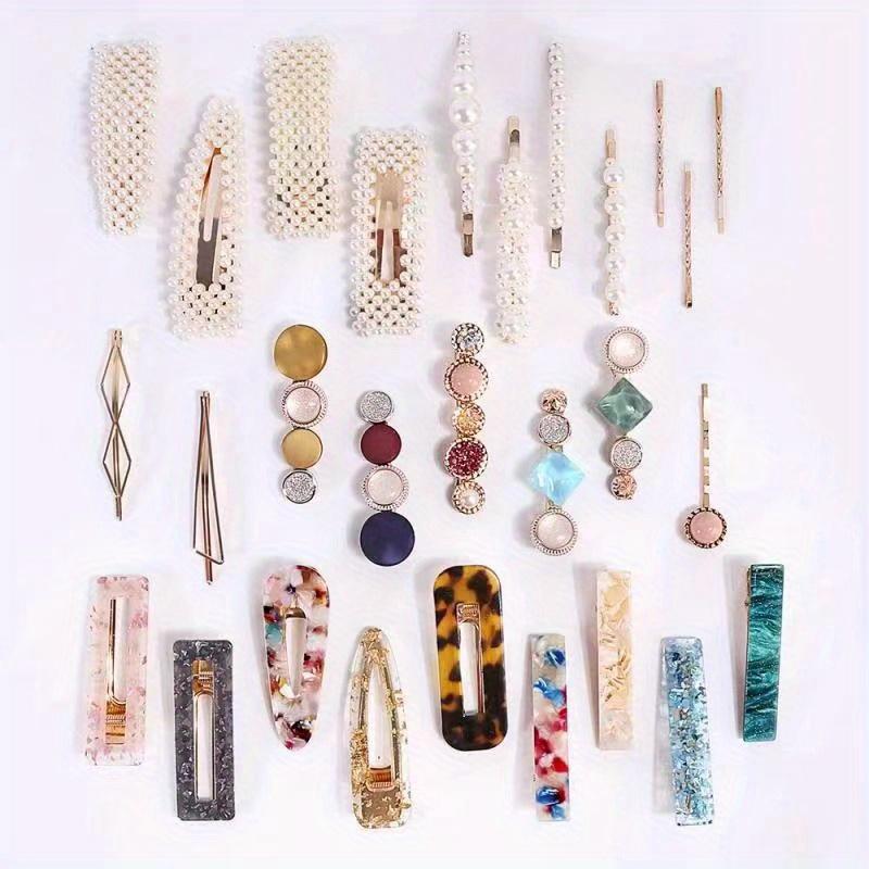28pcs/set Acetate Hair Clip Faux Pearl Barrette Hair Clip Snap Clip BB Clip Set Women's Hair Accessories