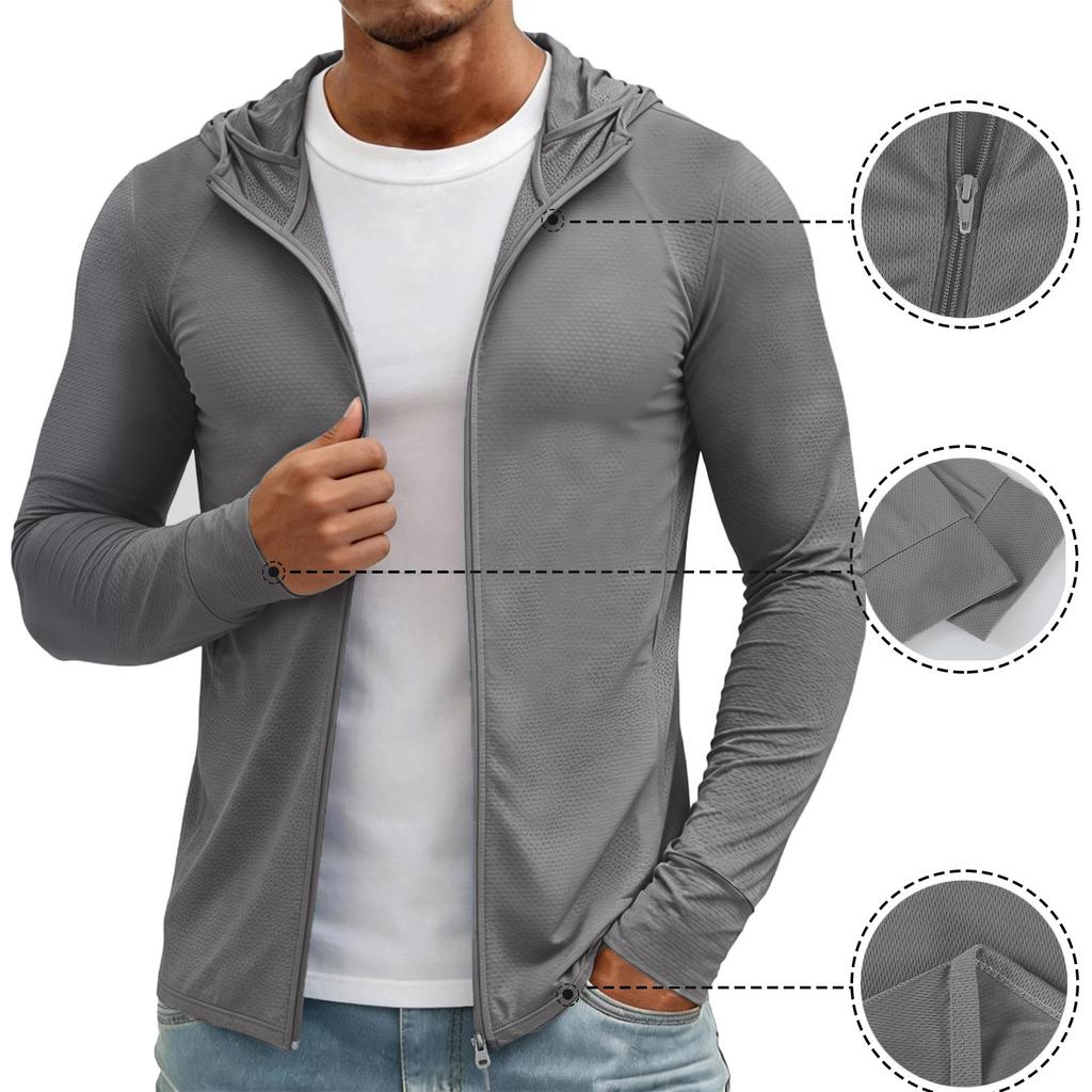 Felpa con cappuccio e zip intera da uomo, manica lunga, tessuto leggero testurizzato, giacca sportiva casual, top