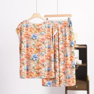 Summer Short-sleeved New Printed Set, Large-sized Thin Floral Loose Home Wear