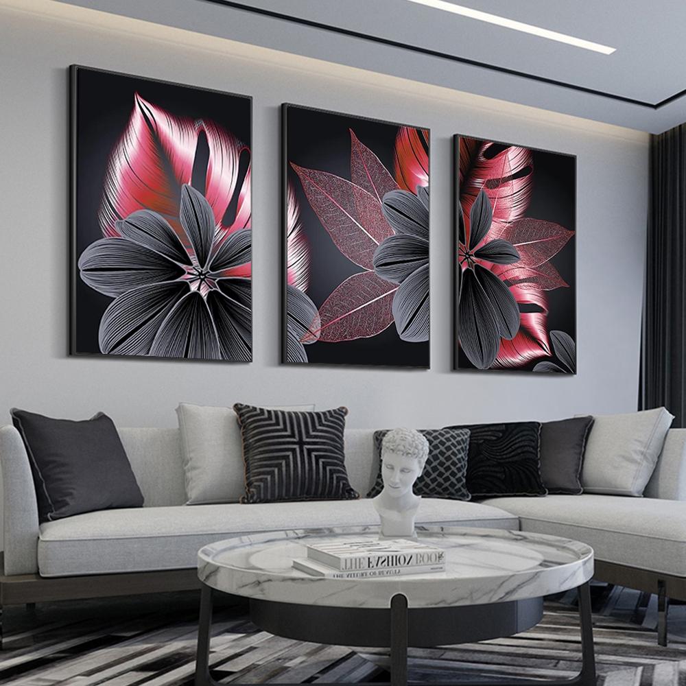 Scandinavian Black and Red Leaves Monster, Golden Plants, Flowers, Canvas, Poster, Paintings, Luxurious Interior Print, Abstract Hd Art Image