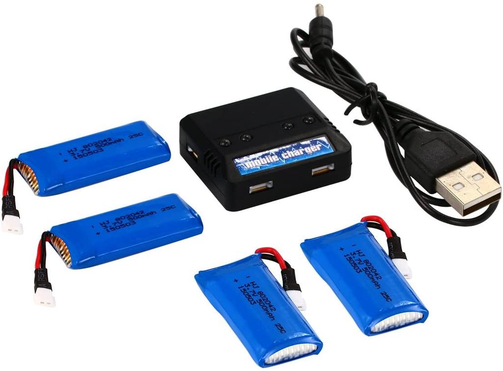 Nabíječka 1-na-4 se sadou 500mAh LiPo baterií – Kompatibilní s Hubsan X4, V252, Syma X5C, JJRC – 42x20x8mm – Modrá