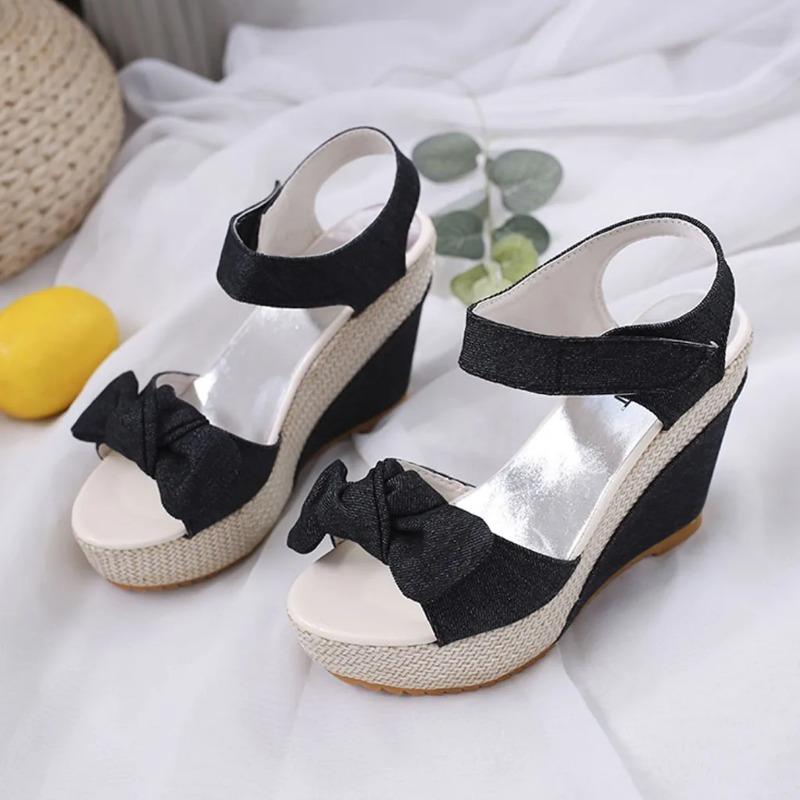 2024 Neue Designer Denim Sandalen Damen Sandalen Hohe Qualität Keile Hohe Absätze Peeptoe Plateauschuhe Frau Dicke Sohle Sandalen