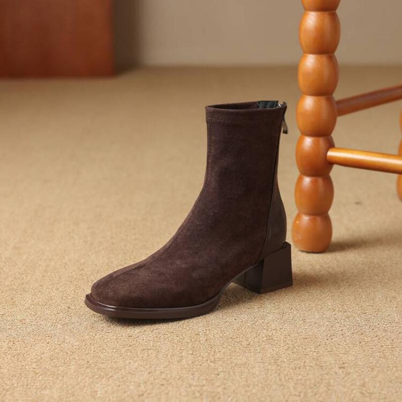 Podzimní a zimní semišové módní kozačky dámské gumová podrážka velká velikost dámské kozačky střední podpatek čtvercová špička zadní zip kožené kozačky čtvercový podpatek medi