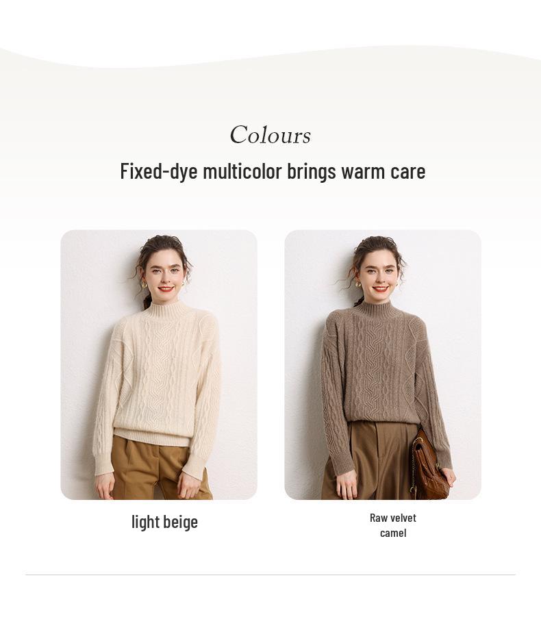 Three-Ply Solid Color Women's Cashmere Knit Base Layer - Full Body Cable Knit, Half-High Neck, Loose, Slimming Inner Wear