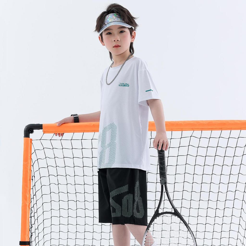 Boys' Ice Silk Summer 2026 Two-Piece Set: Short Sleeve T-shirt & Shorts for Middle and Older Children - Thin Style Sportswear.