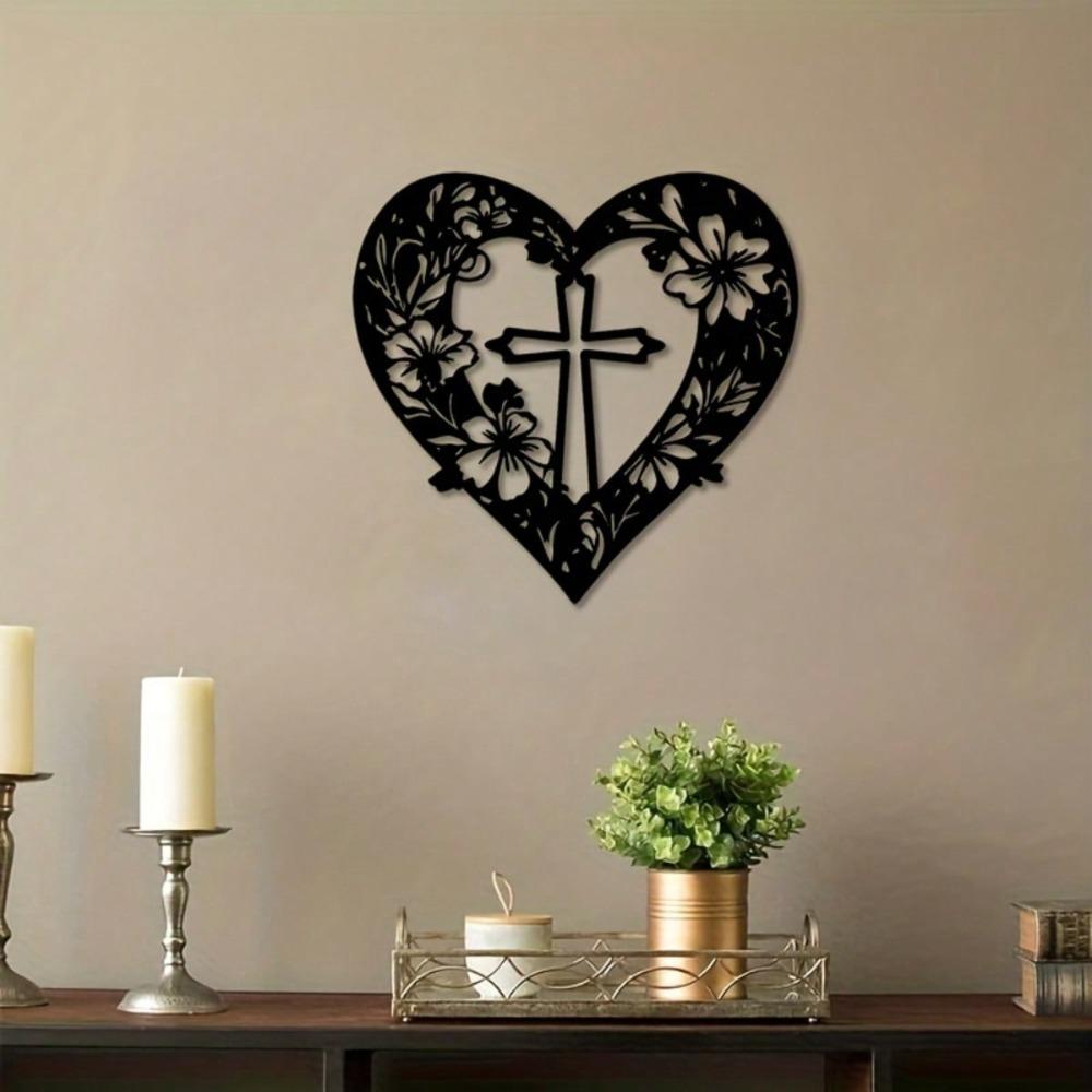 Black Metal Wall Art with a Heart, Central Cross and Floral Patterns. A Meaningful Gift for Easter. Perfect for Living Room Decor, Adding Faith.