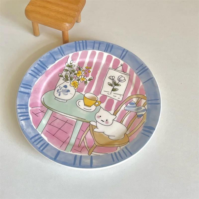 Roztomilý a hravý kreslený keramický talíř korejský vysoce estetický domácí stolní nádobí dezertní talíř salátový snídaňový talíř keramický plochý