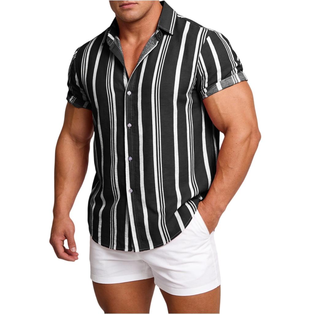 Men's Casual Short Sleeve Button Down Shirt Lightweight Breathable Striped Polo Collar Shirt Suitable for Vacation and Sports Wear