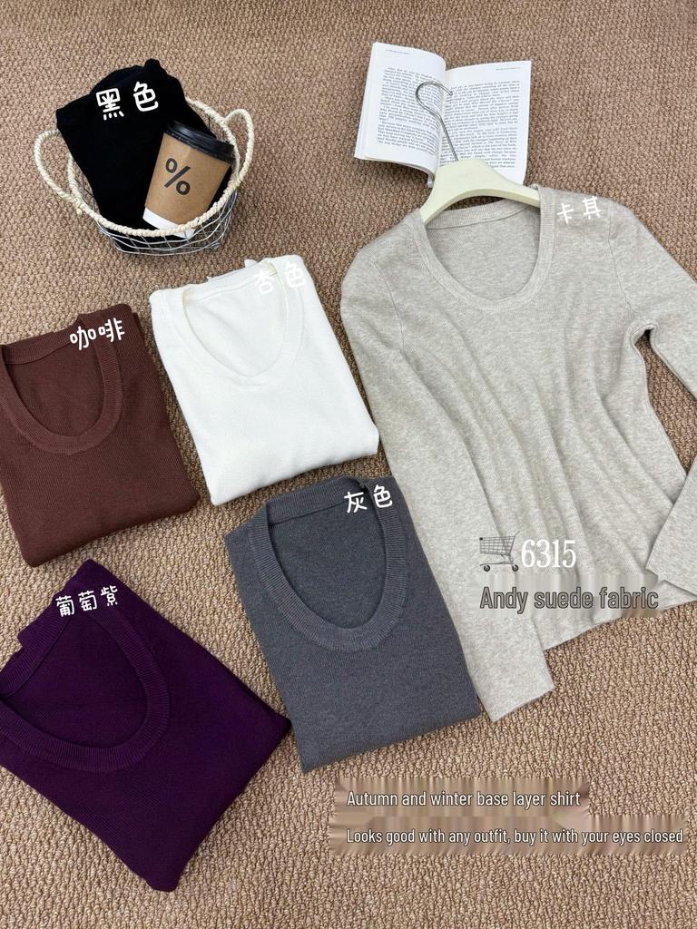 Spring & Autumn Korean U-Neck Knitwear: Slim Fit, Long Sleeve, Soft Base Layer Top