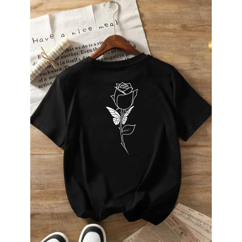 Front and Back Printed Fashionable Short-Sleeved Summer Essential Roses and Butterflies, Rose Print Crew Neck Women'S Casual Top - Women'S Clothing,