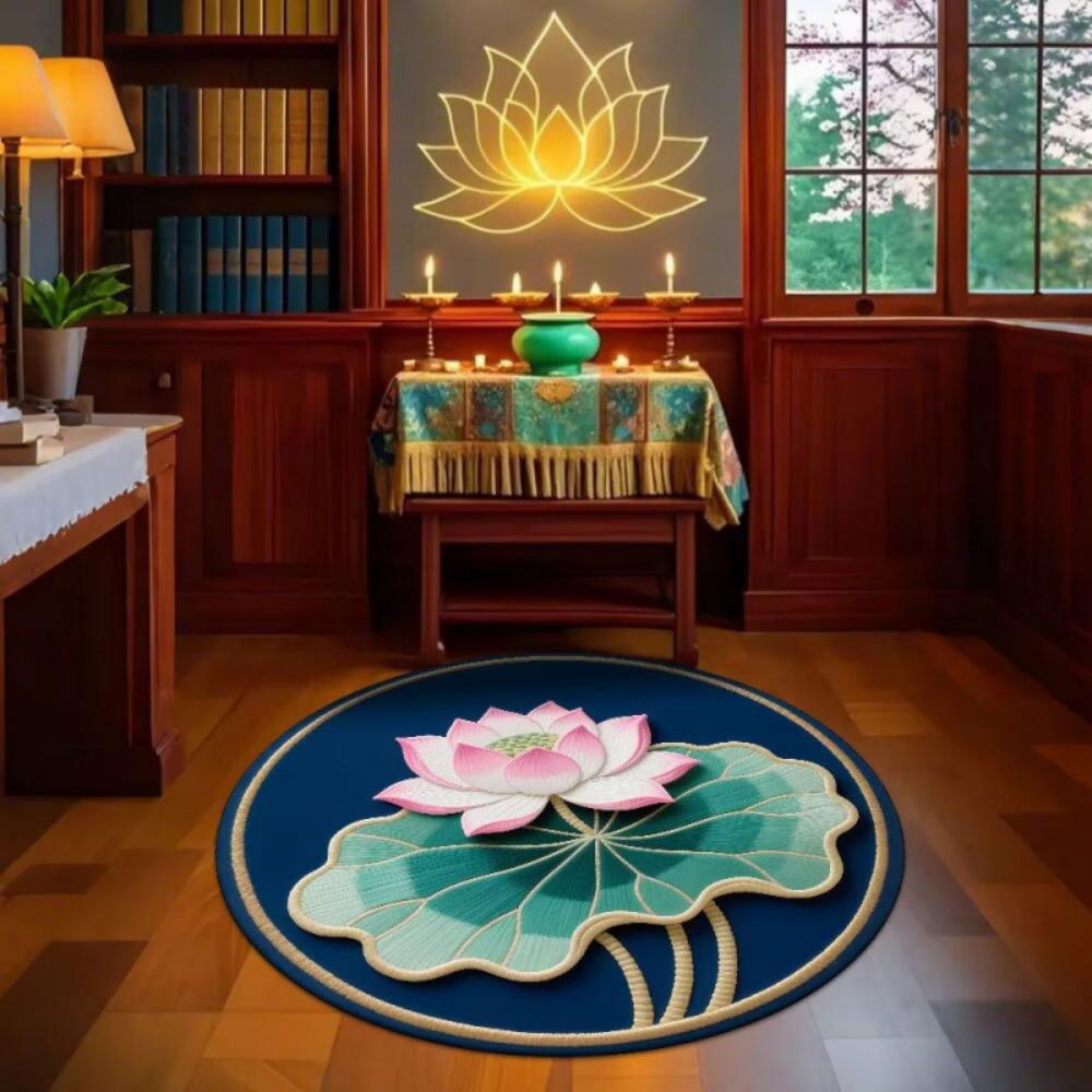 Oriental Art Lotus Flower round Carpet - Zen Circular Rug for Living Room & Bedroom Floor Mat Ideal for Meditation And Home Deco