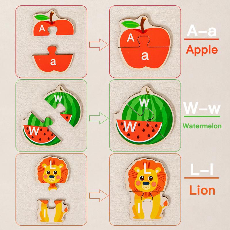 Montessori 3D Wooden Alphabet Puzzle Cartoon Animal Fruit and Vegetable Jigsaw Early Educational Toys Gifts for Toddlers Kids