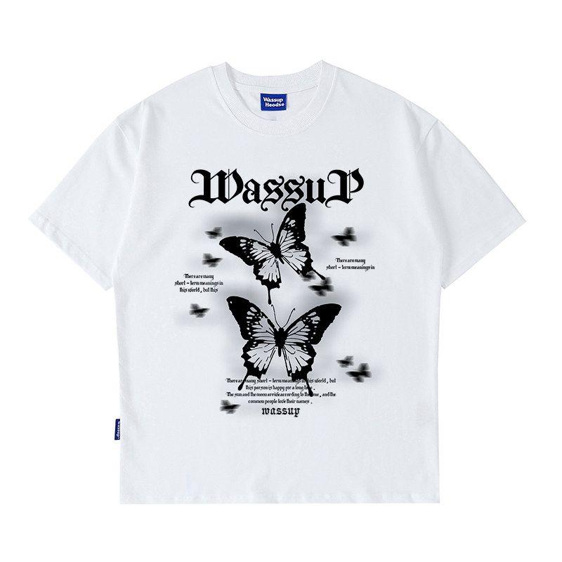 Wassup Heods Trendy Gothic Letter Butterfly Short-Sleeved T-Shirt for Men and Women, Summer Loose Heavyweight Cotton Top