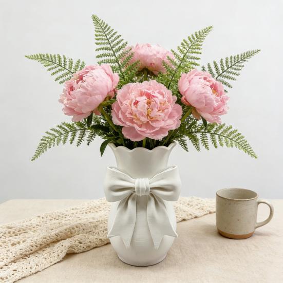 Pink White Bow Vase Plastic Farmhouse Flower Vase Makeup Brush Pen Holder for Table Bathroom Shelf Centerpiece