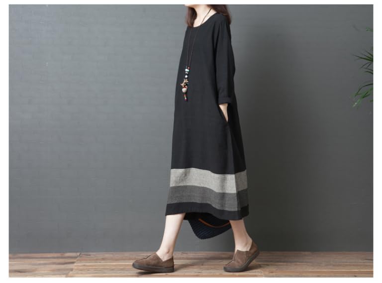 JINJUDUO Long Loose Midi Color Relaxed Sizes Office Fall Women's Cotton-Linen Dress, Sleeve, A-Line, Fit, Length, Block, Design, M-2XL, Slimming,
