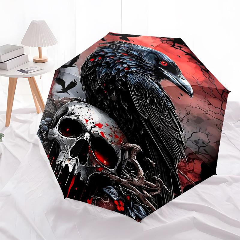 1pc Crow SkullOpen/Close Umbrella-Windproof, Compact Travel Umbrella, Sturdy 8-Rib Shaft1129