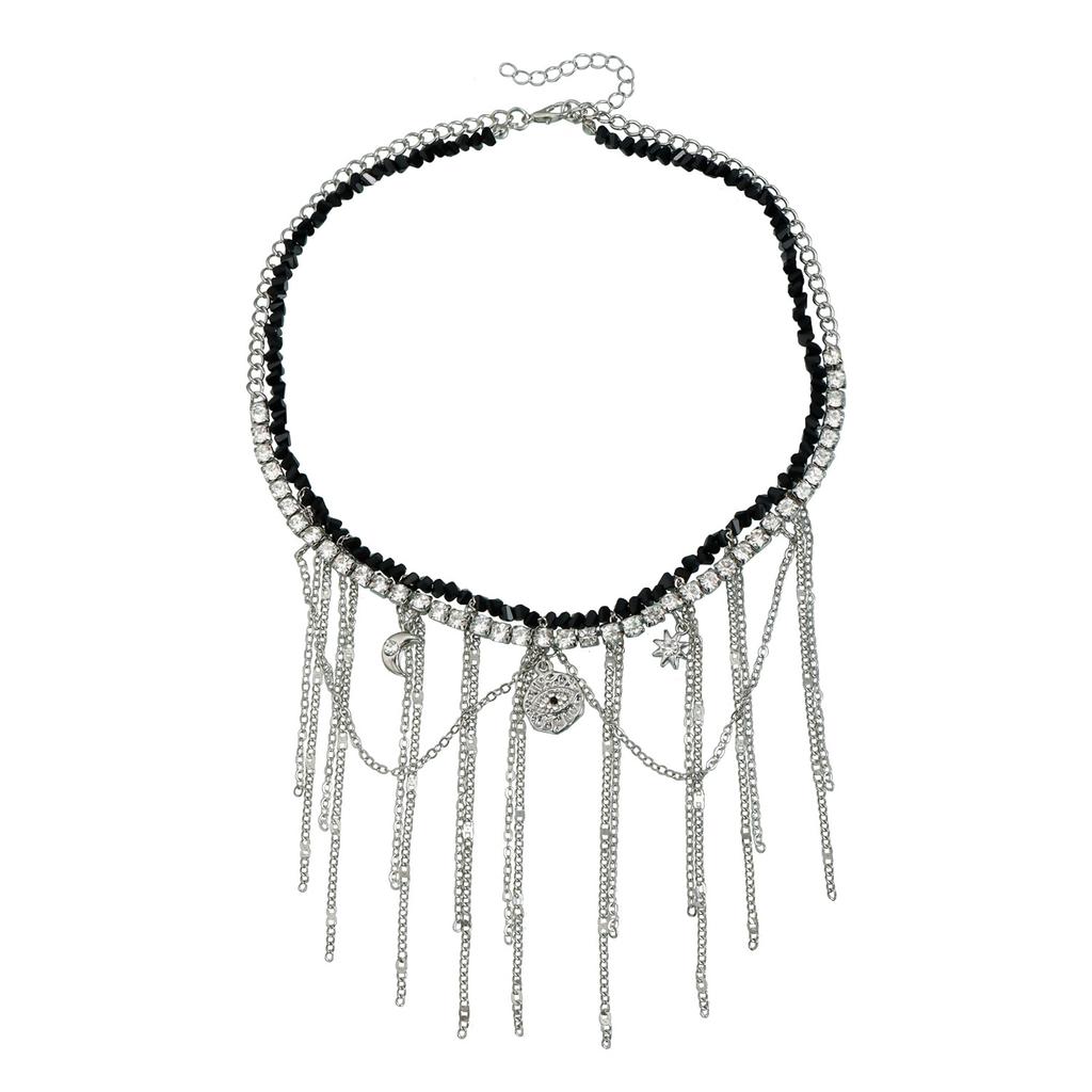 Dark Less Long Tassel Rhinestone Necklace ins Spice Girl Wind Devil's Eye Necklace