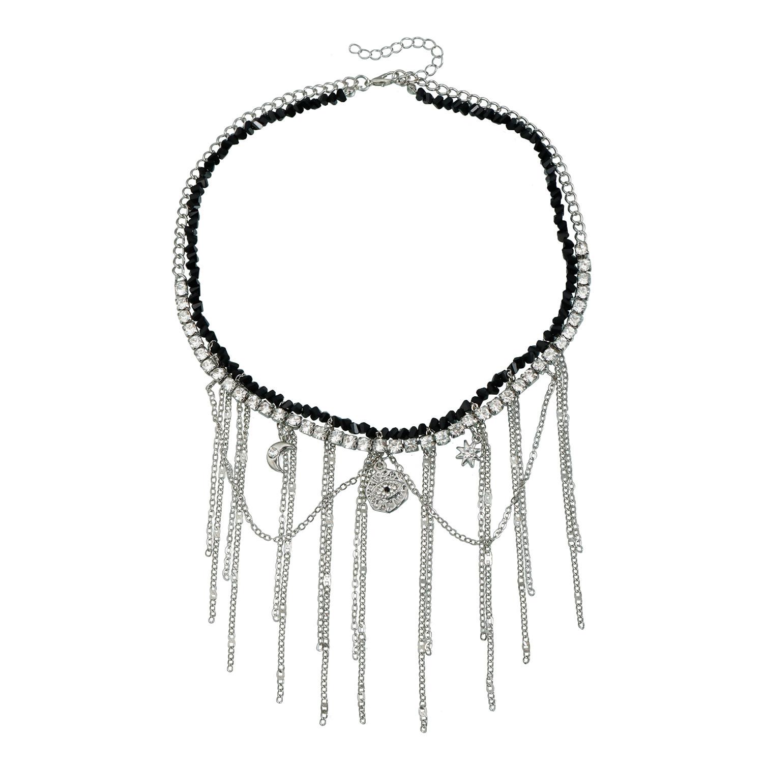 Dark Less Long Tassel Rhinestone Necklace ins Spice Girl Wind Devil s Eye Necklace