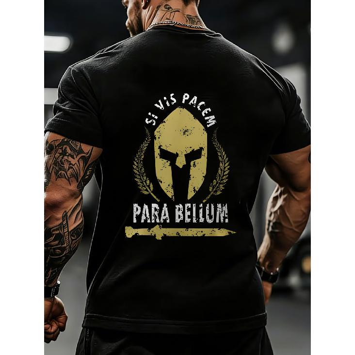 Black T Shirt with Greek Helmet And Sword Print Si Vis Pacem Para Bellum Motto Gym Workout Fitness Training Apparel
