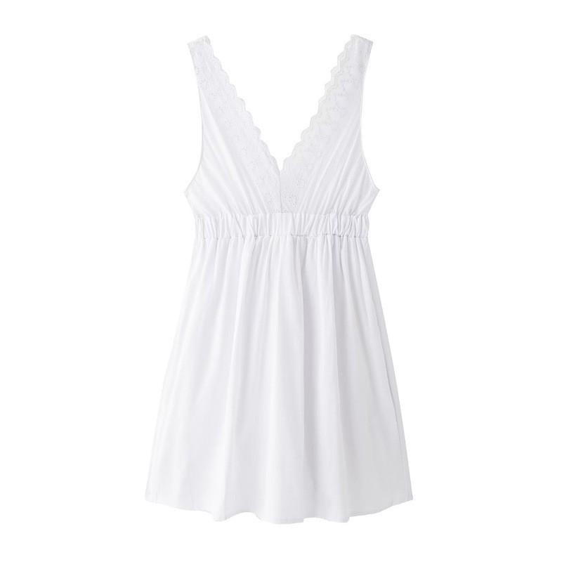

European American Women s Clothing Summer White Embroidery Splicing V-neck Short Dress L белый