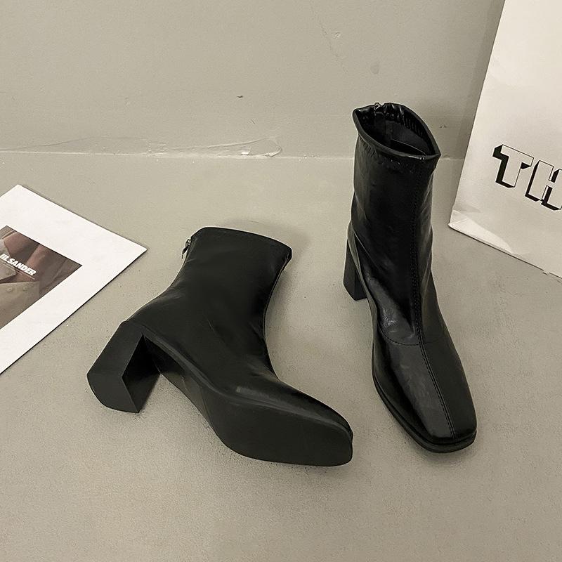 Korean Minimalist Thick Heel Thin Boots 2025 Autumn and Winter New Square Head Rear Zipper High Heel Short Boots Women's Soft Leather Single Boots