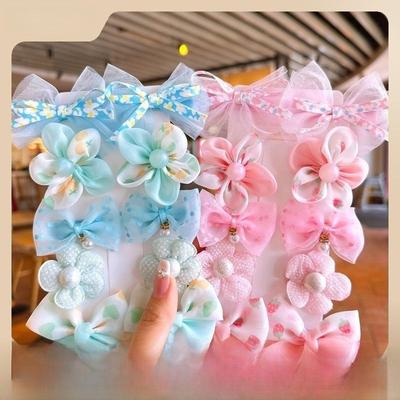 Children's Floral Mesh Hairpin Set - Soft Fabric, Safe Non-Slip Duckbill Clips for Girls, Baby Bow Design