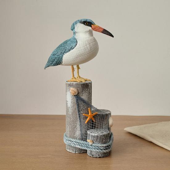 Wooden Seabird Ornaments Ocean Theme Decorative Figurine with Starfish And Hemp Rope Decor Desktop Accent for Home