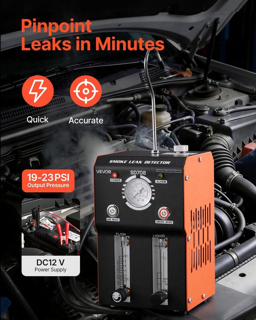 Automotive Smoke Machine Leak Detector, DC 12V EVAP Vacuum Diagnostic Tester with Built-in Air Pump, Pressure Gauge, Flow Meter, Oil Level Gauge,