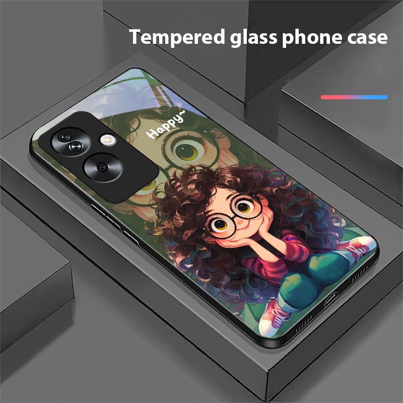 Mädchen mit lockigen Haaren Für Oppo A79 5G 58 78 74 60 4G Reno 11F Realme GT 6 11 Note 50 10 C55 X2 Gehärtetes Glas Schwarze Handyhülle