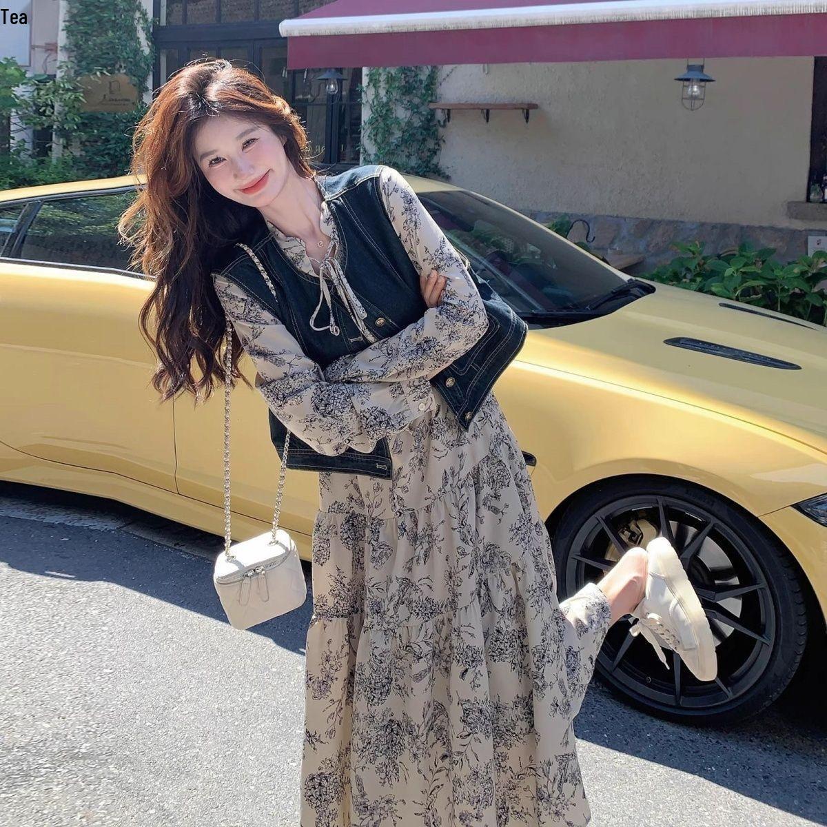 

Chinese Ink Print Dress & Denim Vest Set - 2026 Spring/Summer Retro Style S recommended for 85-100 lbs