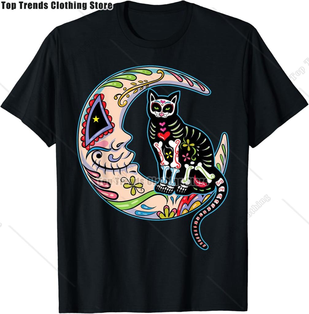 Cute Sugar Skull Cat Dia De Los Muertos Day of The Dead TShirt Mexican Summer Fashion Short Sleeved Tee TopsCasual Tshirt