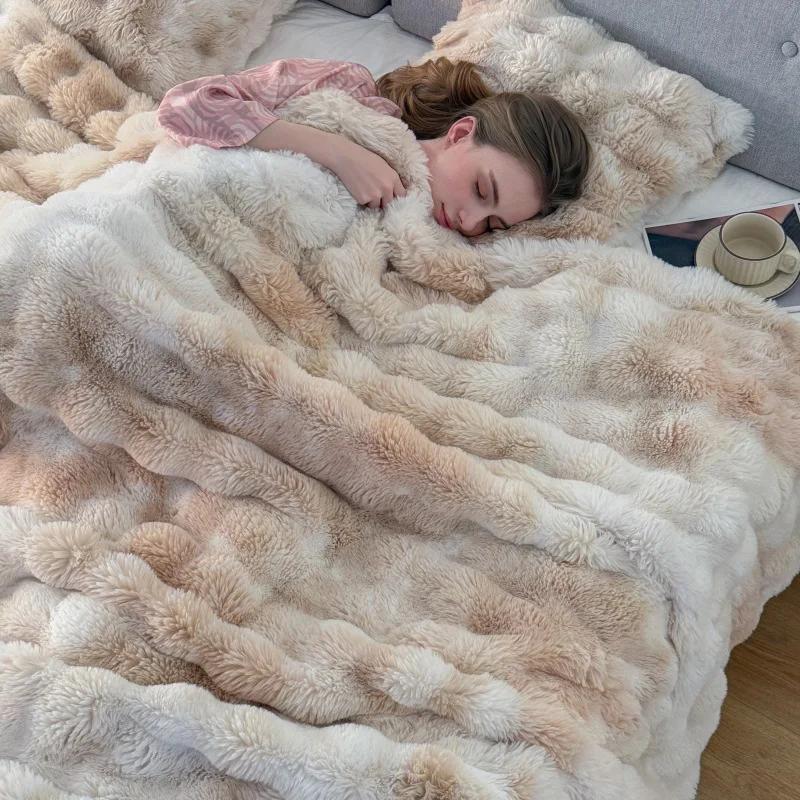 Light Luxury Imitation Rabbit Fleece Blanket Tie-dye Bubble Fleece Double-layer Warm Soft Living Room Bedroom Sofa Blanket