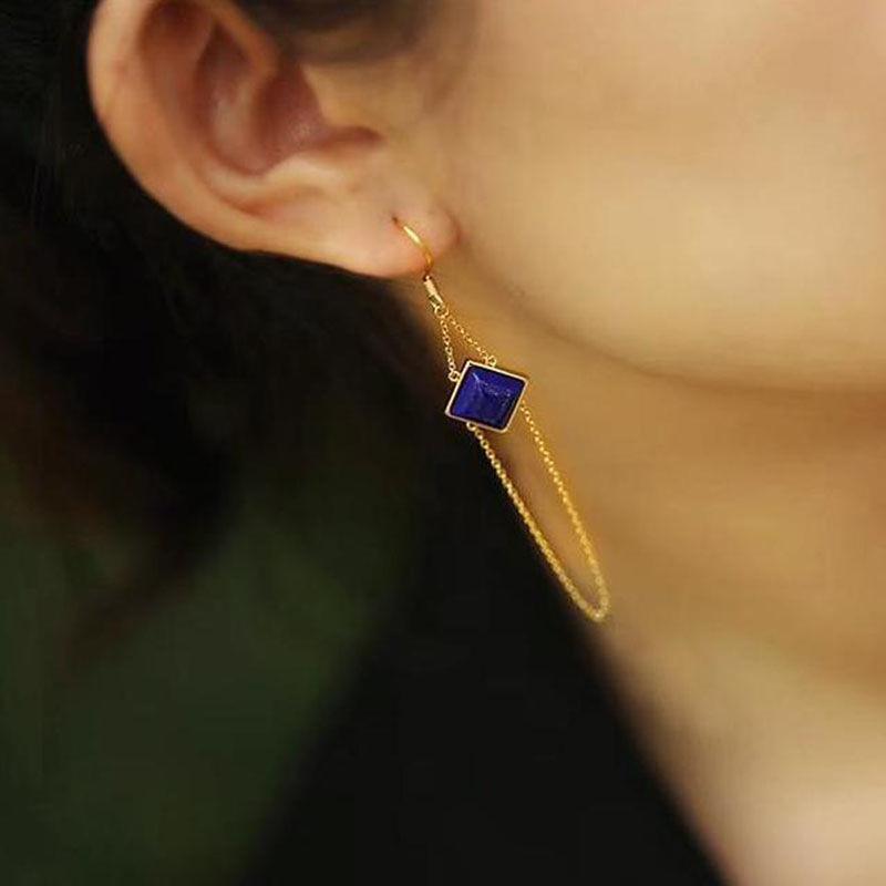 Kreatives Design Natürlicher Lapislazuli Lange Geometrische Quaste Blaue Ohrringe Exquisiter Eleganter Charme Damenschmuck
