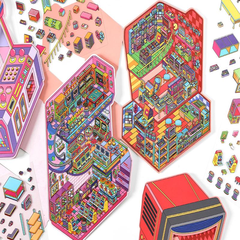 Plus Size Retro Esports Room Flip Cover Landscape Sticker Diy 3D Dopamine Color Cabin Miniature Scene Sticker Gift For Kid Child