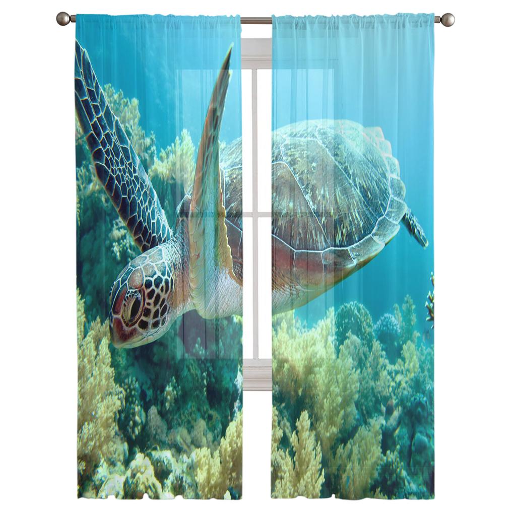 Blue Ocean Green Turtle Tulle Curtains For Living Room Bedroom Decoration Sheer Voile Window Curtains Party Drapes Panels
