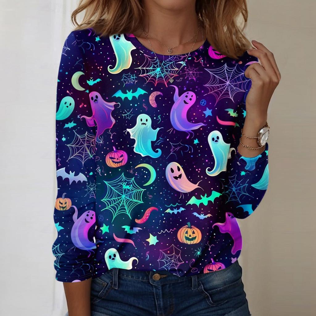 Damen Halloween bedrucktes rundhalsiges lockeres langärmeliges Oberteil