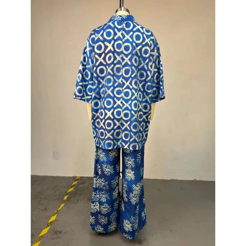 Women Pant Set Two Piece Sets V Neck Bat Sleeve Print Wide Leg Long Pants Casual Loose Elastic Waist Y2k Streetwear
